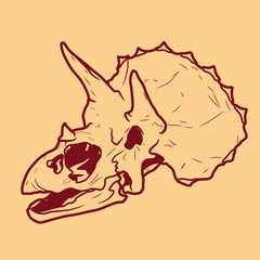 Illustration of a dinosaur skull isolated on a beige background.Illustration in ink hand drawn style.
