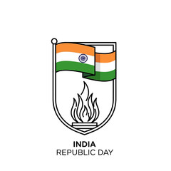 Indian Republic Day emblem with flag and fire illustration.