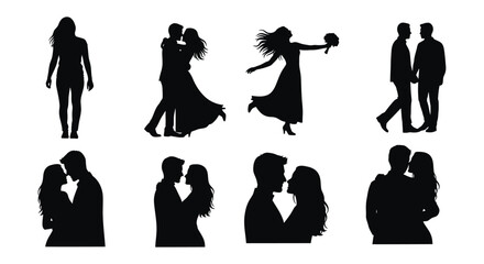 Romantic couple silhouettes depicting various stages of love celebration and wedding moments