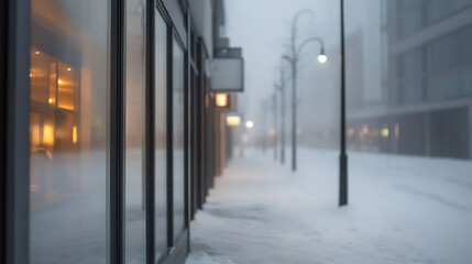 A snowy cityscape where a modern building with large windows reflects warm interior lights, contrasting with the cold, foggy street illuminated by old-fashioned street lamps.