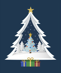 Escena de navidad con árbol de papel cortado y regalos