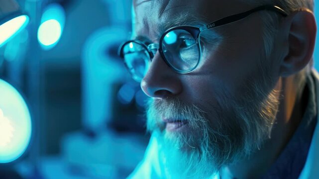 An inquisitive scientist with a beard intently looking at computer data.