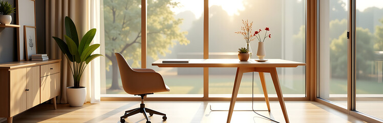 beautifully crafted wooden desk sits serenely front window bathed soft morning sunlight accompanied sleek