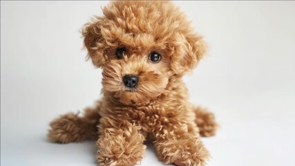 A close-up of a small dog with fluffy fur and endearing eyes.