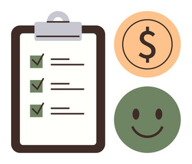 Clipboard checklist with checkmarks, orange circle with dollar sign, and green happy face. Ideal for business, finance, productivity, success, goals satisfaction motivation. Simple flat metaphor