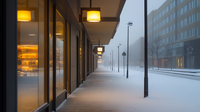 Winter city scene featuring a snow-covered sidewalk lined with shops, illuminated by warm lights under an overhanging shelter on a foggy day, creating a tranquil and inviting scene. - Powered by Adobe