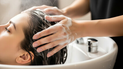 Woman receiving hair wash in salon with hands applying shampoo  
