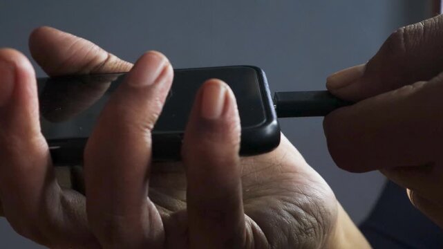 Close-up of an Asian man's hand plugging a charging cable into a phone. Concept of contemporary technology convenience.