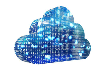 3d technology cloud in blue with white binary numbers isolated on white or transparent png