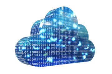 3d technology cloud in blue with white binary numbers isolated on white or transparent png