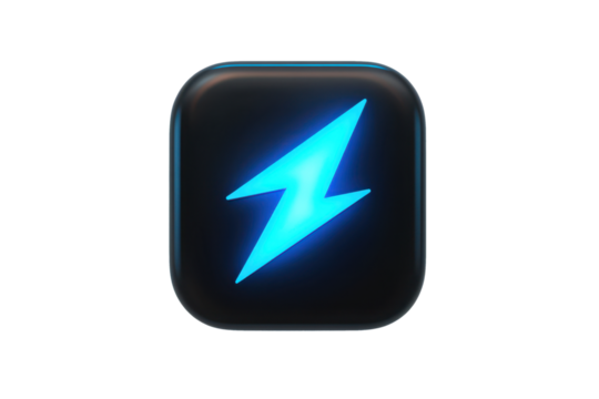 blue glowing lightning power symbol on black button element isolated on white or transparent png - Powered by Adobe