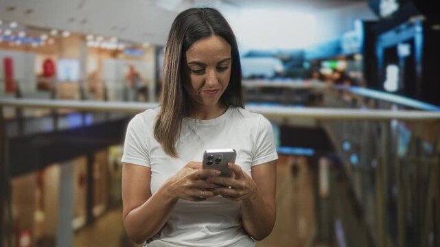 Woman, young hispanic, holding smartphone and scrolling with both hands, smiling, wearing white tshirt in a multilevel mall building with railings and shops; private moment contentment.