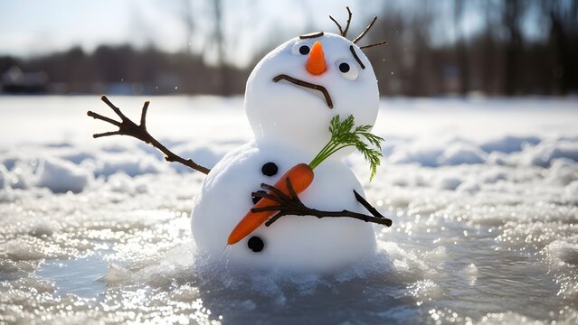 Melting Snowman Expresses Sadness, Winter Ending, Holds Carrot