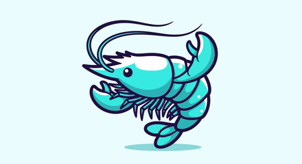 Cute Blue Shrimp Cartoon Vector Illustration Isolated on Light Background.