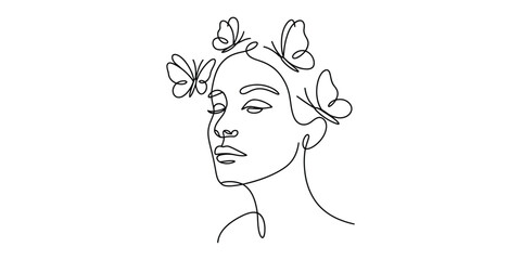 Continuous line art of woman with butterflies
