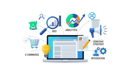 Comprehensive illustration of digital marketing strategies including SEO, analytics, and content creation.