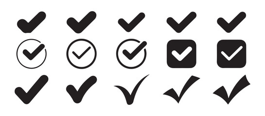 Minimalist black check mark icons in diverse forms isolated on white background set