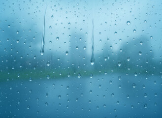 Rain on the blue glass on the window shutter in the image with copy space