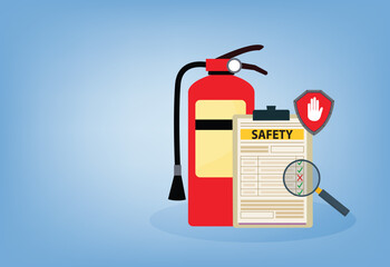 Fire fighting checklist. Extinguisher and paper tablet with checkmarks. Document at clipboard. Firefighting safety. Flame prevention checklist page. Extinguishing guidance

