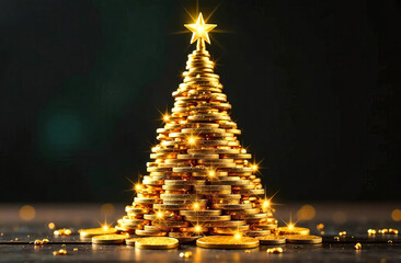 A Christmas tree made of gold coins with a star on top on a dark background. A festive financial advertisement with copy space, symbolizing wealth and prosperity in the New Year