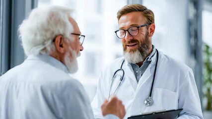 Professional male doctor in white coat having compassionate conversation with elderly patient in bright modern hospital room, trust and care atmosphere, medical consultation concept