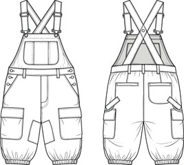 Kids' Fashion Technical Sketch of Infant Cargo Overalls with Adjustable Crisscross Straps, Chest Pocket, Side Buttons, and Elasticated Ankle Cuffs in Outline Drawing.