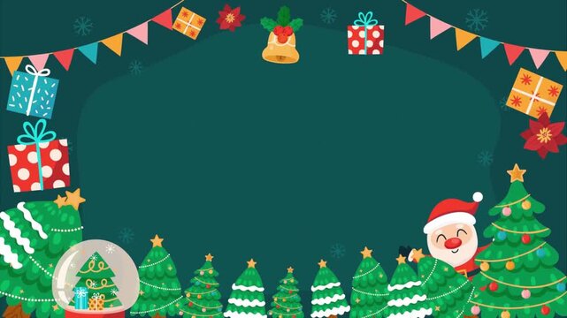 Festive border scene with gifts, bunting, bells, pine trees, snow globe, and jolly Santa with glow!!