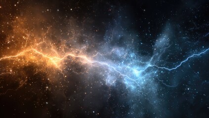 Obraz premium Contrasting nebulae collide, emitting radiant energy in shades of blue and orange against a star-speckled dark backdrop