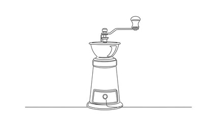Continuous line art drawing of a vintage manual coffee grinder