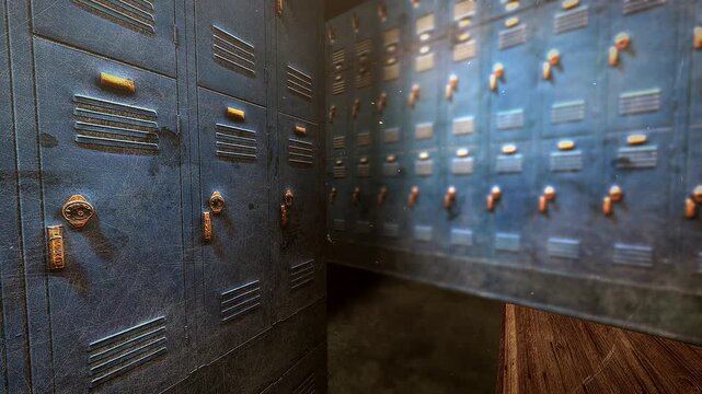 abandoned gym scene, weathered metal lockers and rustic gym setting atmosphere