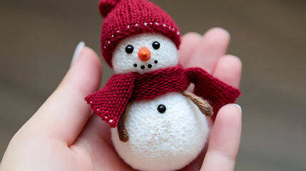 A cute miniature knitted snowman with a red hat and scarf is held in someone's hand. The snowman's tiny details bring winter joy to life.  Perfect holiday decoration!