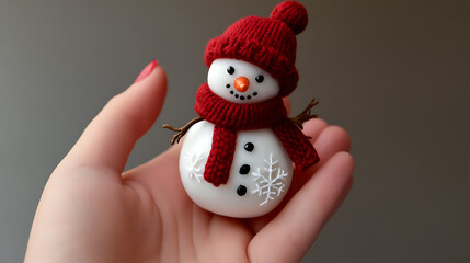 Fototapeta premium Adorable, petite snowman in hand. A symbol of winter joy, with a tiny red hat, scarf, and charming stick arms. Snowflakes adorn the base of the figurine.