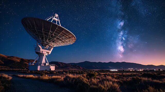 Large White Satellite Dish Under Starry Night Sky in Rural Landscape with Blue Milky Way Glowing Above and Distant City Lights