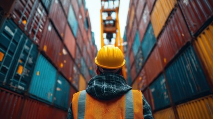 Back view of a logistics coordinator ensuring stock container in a port. 
