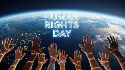 Raised hands illuminated by light trails below human rights day text above Earth in outer space