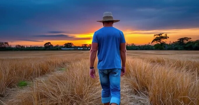 Man walking in wheat field at sunset silhouette agriculture concept
