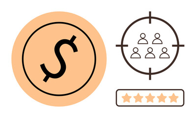 Dollar symbol in circle, crosshair targeting people, five-star rating. Ideal for marketing, customer satisfaction, business growth, finances, advertising goals precision. Simple flat metaphor