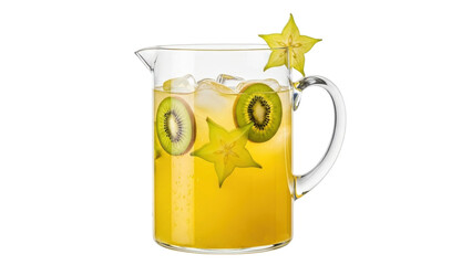 Isolated refreshing beverage in pitcher with kiwi and star fruit slices in front view