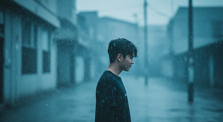 Depressed Asian Man Standing in Rain on Empty Street