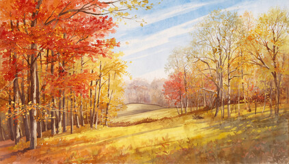 A vibrant, traditional watercolor landscape painting depicting an autumn forest scene