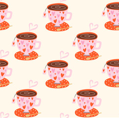 Seamless pattern with pink cup of coffee from which steam rises in the form of a heart. Vector
