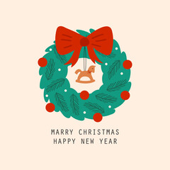 Card with Christmas wreath, red bow, and horse.  Vector