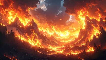 Dramatic digital art landscape with fiery orange hues and mountain peaks under cloudy skies