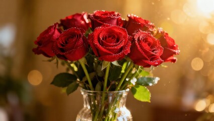Fresh deep red rose bouquet covered with water droplets displayed in a glass vase illuminated by warm golden sunlight bokeh.