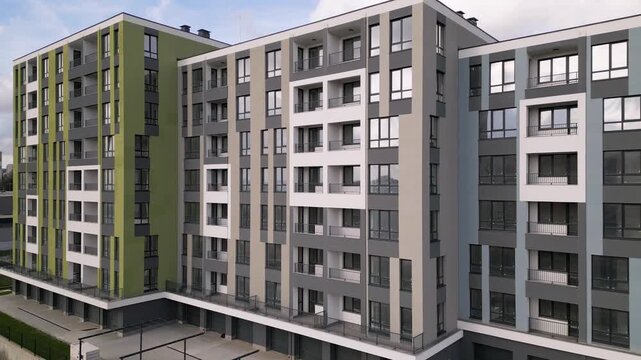 Aerial view of a newly completed modern apartment building with colorful facades, large windows, and balconies, showcasing contemporary residential architecture