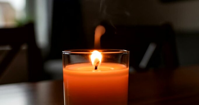 Warm glow of a lit candle in glass on a wooden table indoors