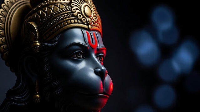 Close-up portrait of dark blue Hanuman statue with golden crown and red tilak against bokeh