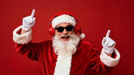 Cool Santa Claus in Sunglasses and Headphones Dancing on Red Background