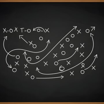 Minimalistic American football strategy chalkboard playbook diagram with arrows and tactical X-O layout drawn in white chalk on dark background for sports education, coaching graphics and game analysi