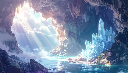 Dreamy cave vista with crystal formations, illuminated by sunbeams over aqua waters, evoking a tranquil fantasy scene